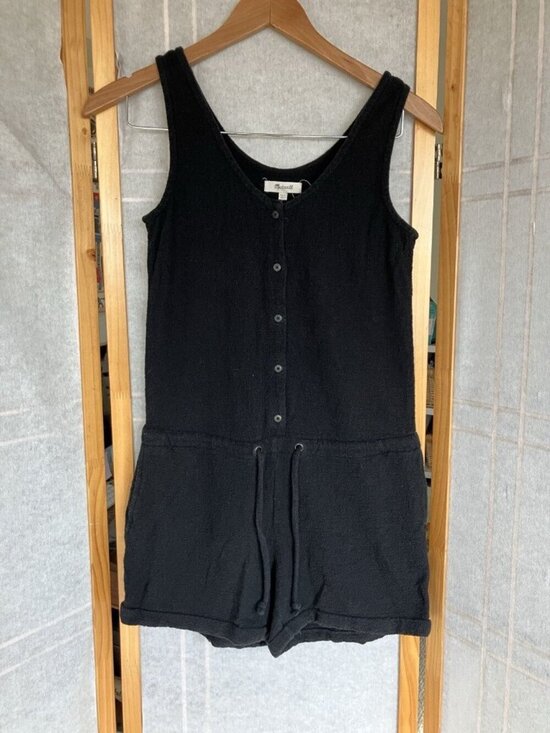 Madewell Pants - Madewell Short Black Romper Sleeveless Pockets Tie Waist, Cotton Knit Size XXS